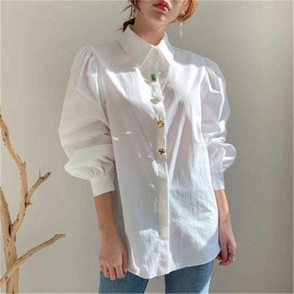 

white solid lantern sleeves elegance women stylish loose large size chic office lady streetwear female casual shirts 210416