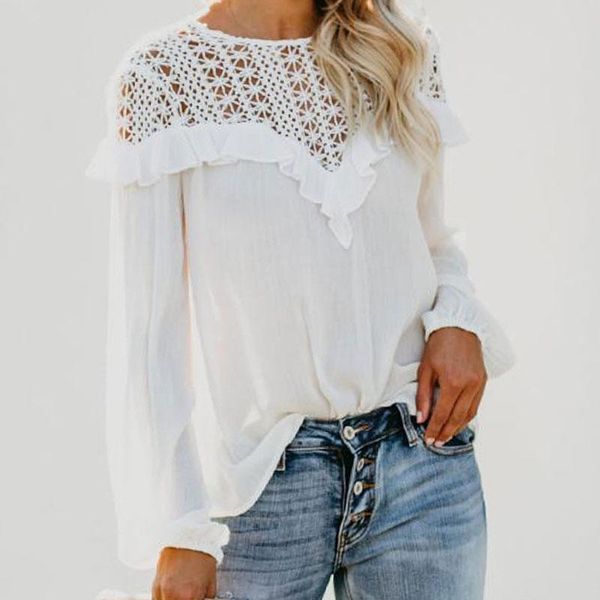 

women's blouses & shirts explosion models ladies bubble sleeves head shirt ruffled lace stitching chiffon, White