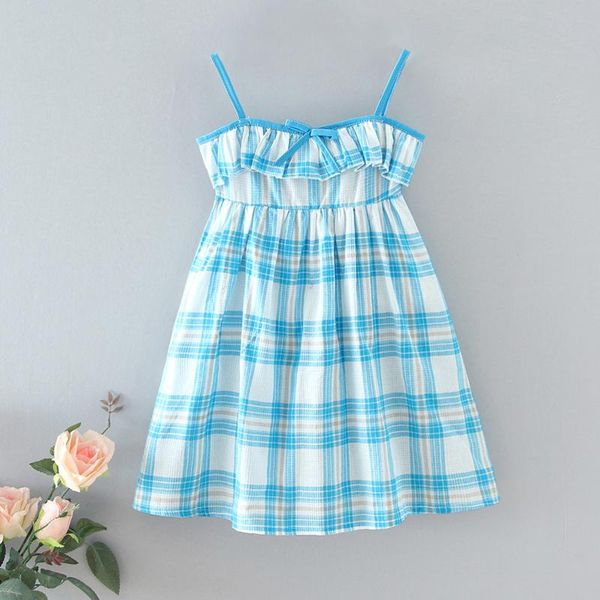 

kids dress girls plaid sleeveless spaghetti strap one-piece sundress for summer fall light blue girl's dresses, Red;yellow
