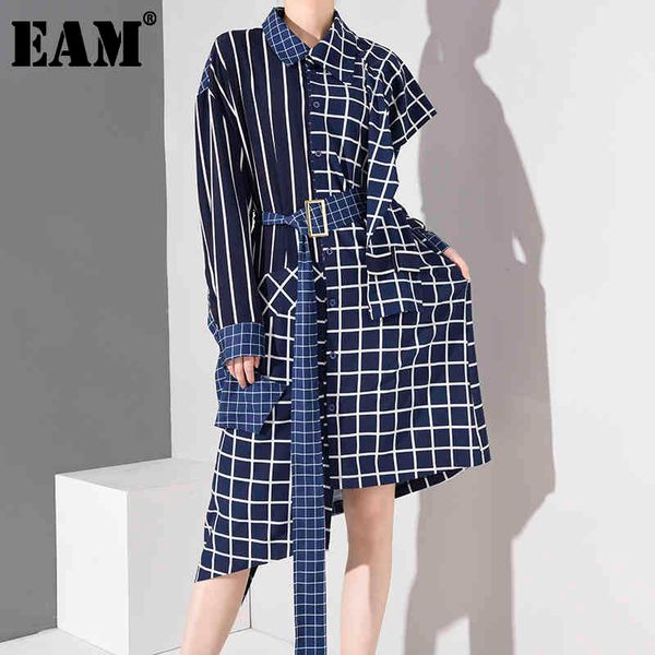 

[eam] women blue plaid irregular big size dress lapel long sleeve loose fit fashion spring autumn 1d75805 210512, Black;gray