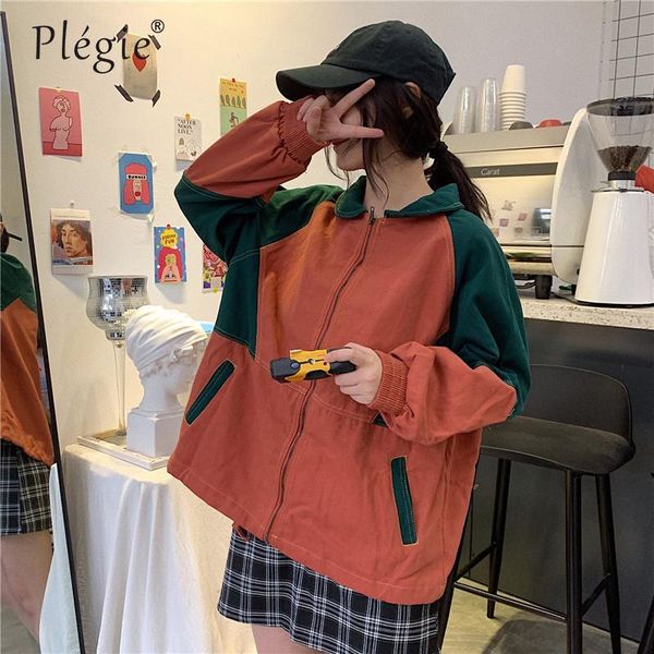 

women's jackets plegie harajuke patchwork jacket women autumn students bf style oversize loose hit color zipper coat 2021 female unisex, Black;brown