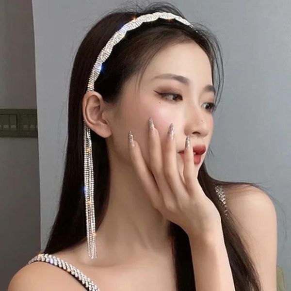 

hyperbole bling rhinestones ab color hairband for women girls korean style elegant long tassel hairwear jewelry hair accessories