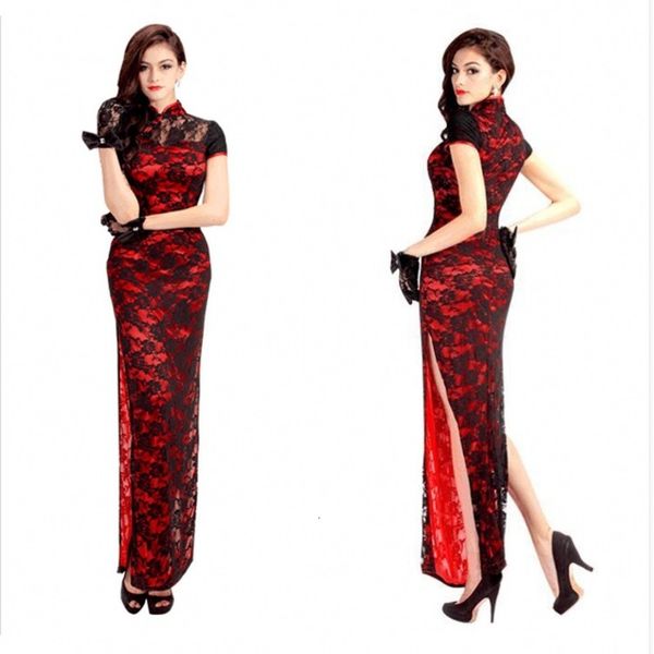 

double layer lace allure long slim classic nightclub bar cheongsam, Red;black