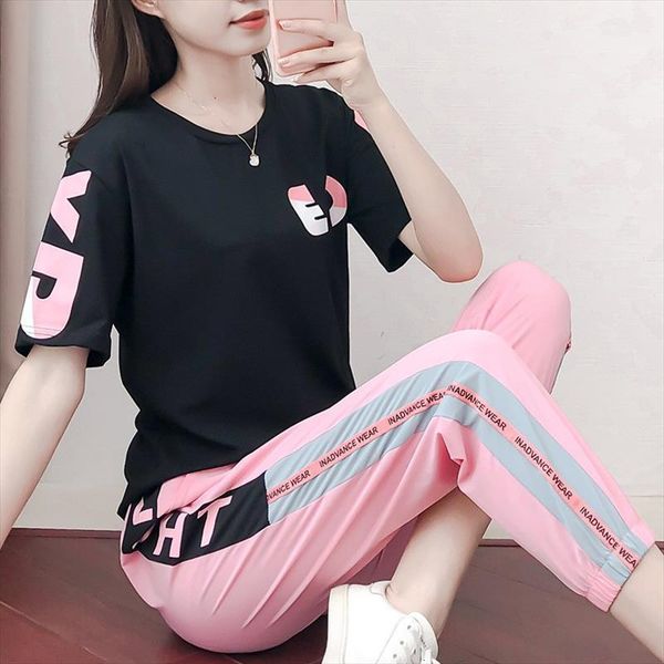 

fashion tracksuit summer trend womens pant t shirt 9 two piece set korean plus size loose casual 2, Black;white