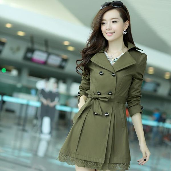 

women's trench coats female 2021 outerwear lace slim medium-long woolen, Tan;black