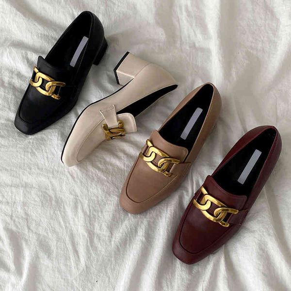 

dress shoes high heels women's new leather british horse buckle loafers square toe slip-on chunky heel pumps 69ul, Black