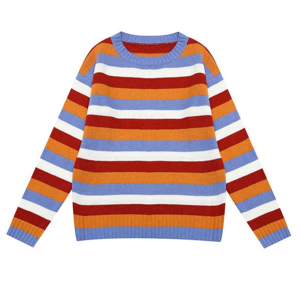 

women color matching sweater knitted o-neck pullovers long sleeve rainbow striped loose winter m0121 210514, White;black
