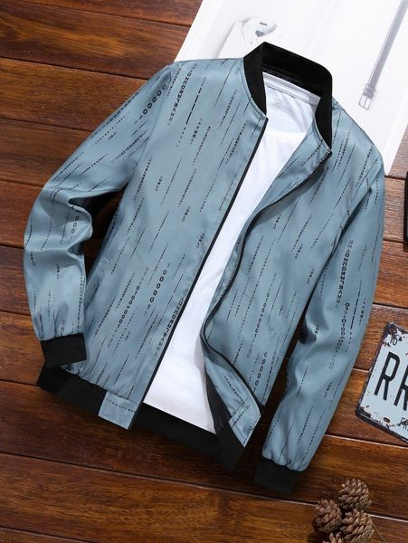 

men 1pc letter graphic contrast trim zipper bomber jacket r2oy#, Black;brown