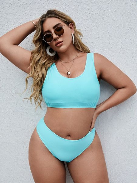 

plus solid scoop neck high waisted bikini swimsuit u4tr#, Black