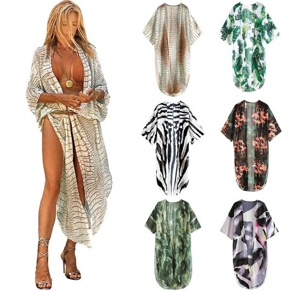 

women's swimwear micendy leaf print chiffon dresses women summer bohemian cardigan kimono beach cover up long sleeve maxi dress loose t, White;black