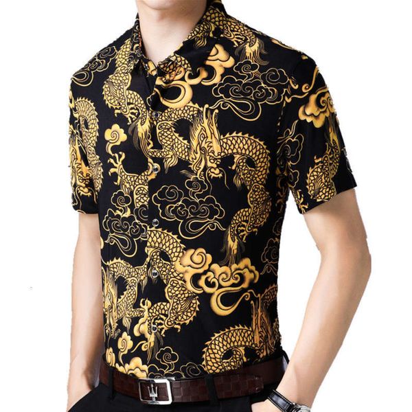 

men's casual shirts summer short floral shirt dragon large print ice silk casual half sleeve non iron men's fashion 7027, White;black