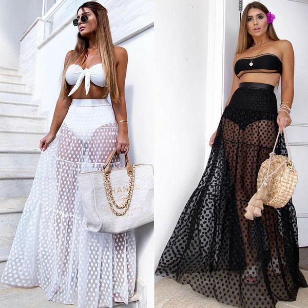 

straight high waist dot womens skirt summer transparent long maxi, Black