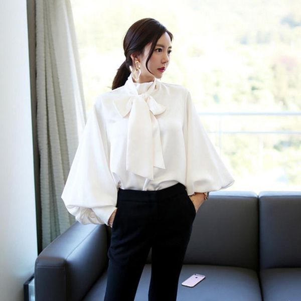 

arrival korea fashion spring autumn women lantern sleeve loose shirts lacing bow sweet ol blouse female blusas mujer s412 women's blous, White