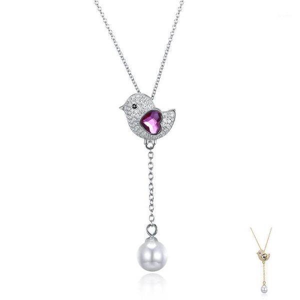 

cute bird 925 sterling silver heart austria crystal pendant necklace shell pearl double arrivals jewelry chains1