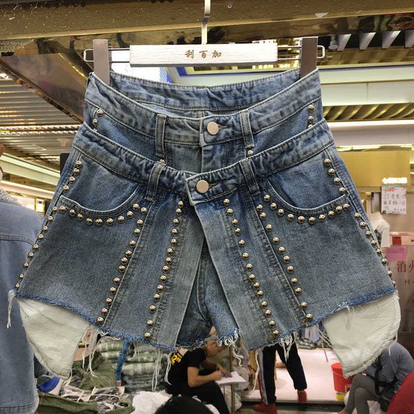 

fabpop spring summer patter denim patchwork fake two piece heavy work beaded edge high waist loose shorts gb460 210709, White;black