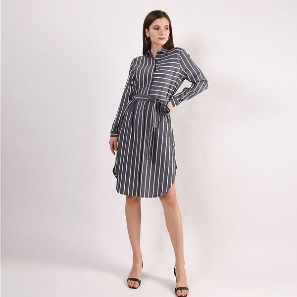 

casual dresses women striped summer shirt dress long sleeve turn down collar office lady belt high waist knee length 2021 xl2y, Black;gray