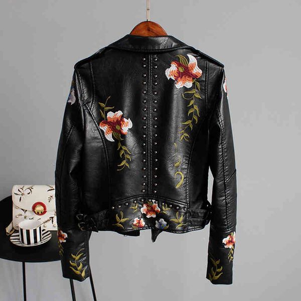 

ly varey lin floral print embroidery faux soft leather jacket women pu motorcycle coat female black punk zipper rivet outerwear 201120
