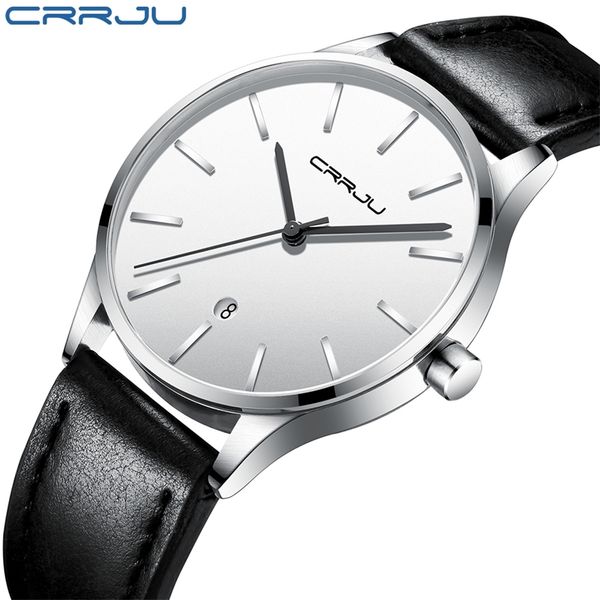 

watches for men crrju black casual waterproof watch for man leather quartz watch men's dress calendar watch relogio masculino 210517, Slivery;brown