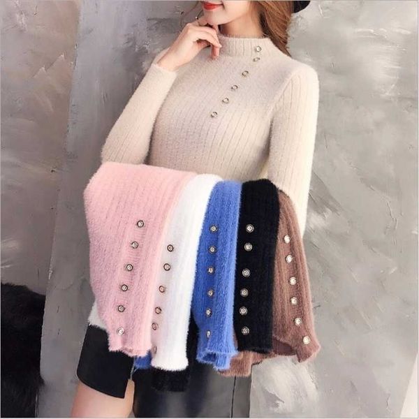 

faux mink velvet button bottom slim sweater warm knitted sweater pullover female spring high collar solid color 211011, White;black
