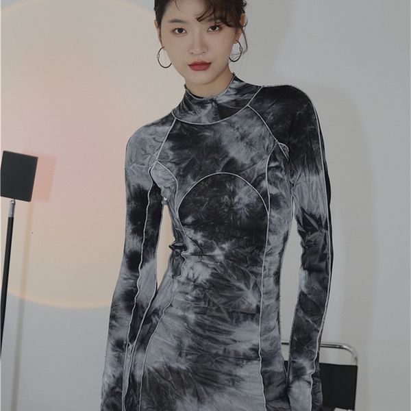 

casual dresses backless tie dye bodycon women long sleeve turtleneck designer mini tight fashion runway 3u25, Black;gray