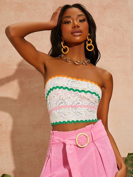 

graphic print scallop tie back crop tube y2eh#, White