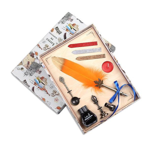 

european retro color feather pen gift set creative water fountain teacher's day christmas pens