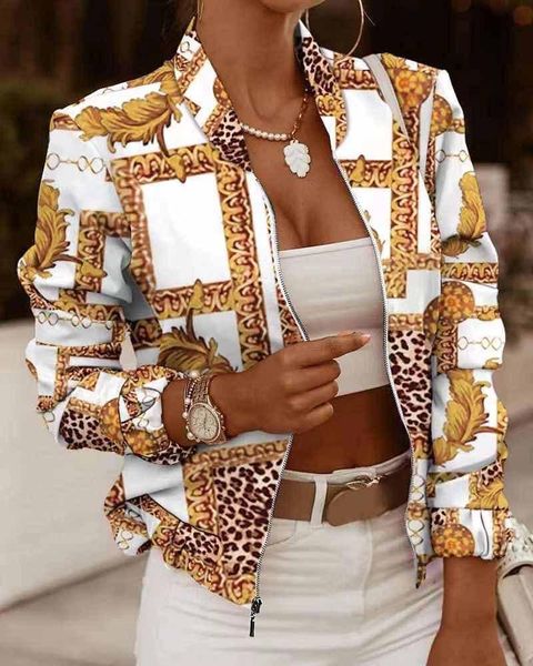 

women's jackets women 2021 autumn office lady long sleeve zipper cardigan coat fashion print flower jacket, Black;brown