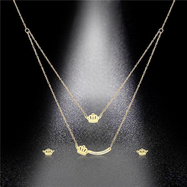 

fashion stainless steel double layers crown pendant necklaces & earrings for women party wedding jewelry sets valentine gift necklace, Silver