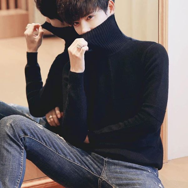 

men's sweaters autumn and winter high neck sweater youth korean slim fit trendy leisure solid color bottomed men, White;black