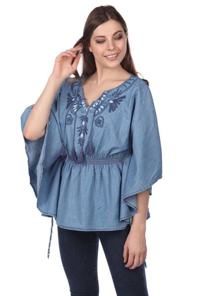 

women's blouses & shirts blue white jean blouse