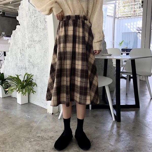 

skirts vintage japanese retro plaid half-length skirt female spring summer 2021 student high waist slim and versatile midi, Black