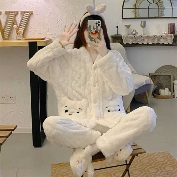 

qweek women's warm home suit kawaii flannel pajamas girls winter clothes bear pocket v neck pijamas pyjamas sleepwear cute 211215, Black;red