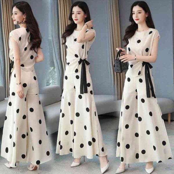 

chiffon wide leg trouser womens pant suit summer chic elegant polka dot print ivory blouse pants culottes two piece set, Black;white
