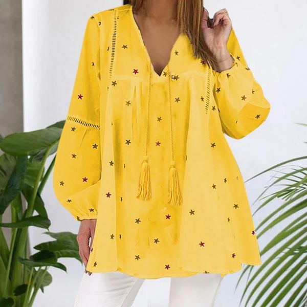 

women's blouses & shirts fashion stars print blouse autumn loose lace up v-neck female women long sleeve shirt blusas femininas clothi, White