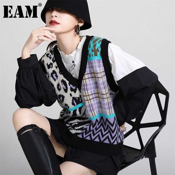 

[eam] women irregular contrast color leopard loose knitting vest v-collar sleeveless fashion spring autumn 1dd3875 211109, Black;white