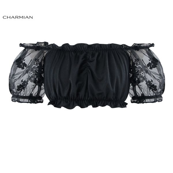 Charmian Sexy Summer Black Off spalla Crop Top vittoriano gotico Lolita pizzo floreale Top corto bianco donna manica corta vestiti 210330