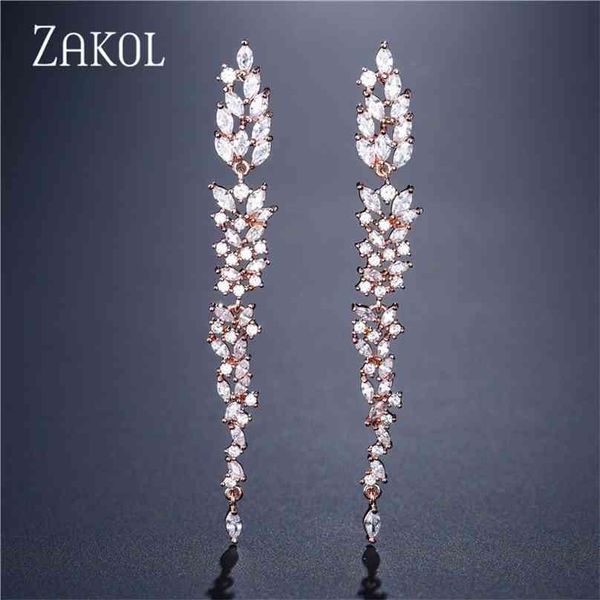 

zakol exquisite wedding design leaf ear line long dangle drop earrings jewelry cubic zironia brincos for women bijoux fsep2155 210625, Silver