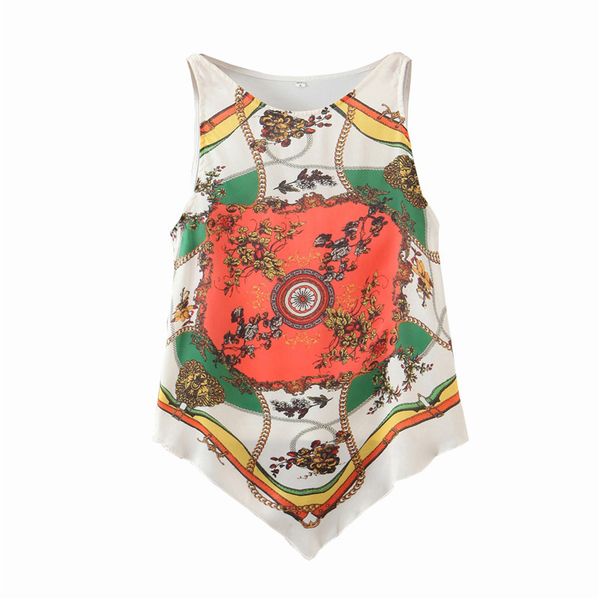 

women chains print asymmetrical blouses fashion o neck sleeveless female shirts blusas lady's chiffon blouse chic 210430, White