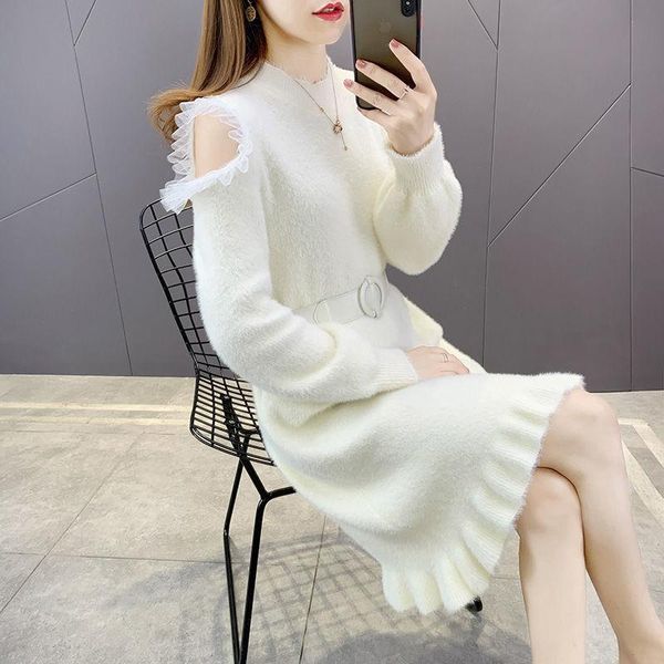 

casual dresses women 2021 autumn winter off shoulder sweater female long sleeve knitted ladies elegant slim warm vestidos x383, Black;gray