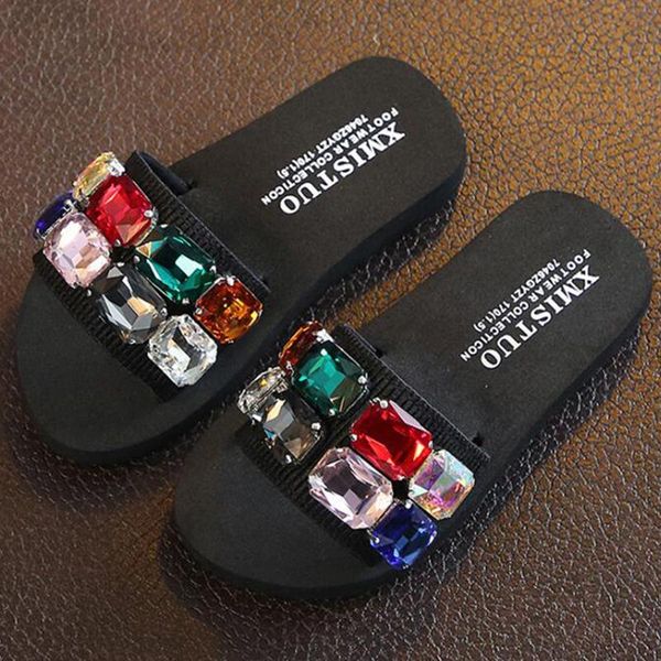 

slipper girls diamond slippers summer flip flops children' sandals crystal school beach home flat non-slip shoes, Black;grey
