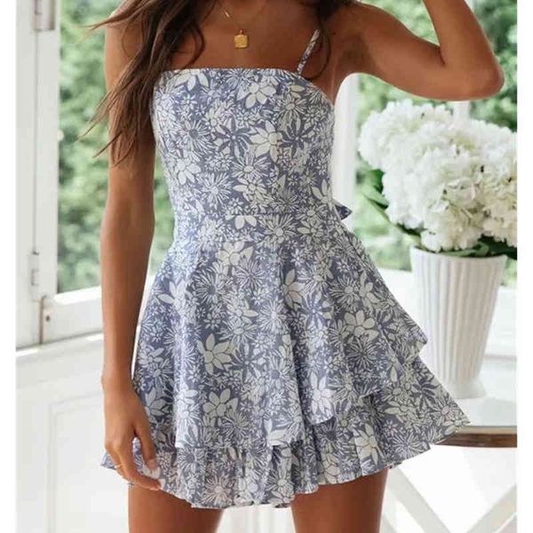 Mode Blaue Blume Druck Frauen Lose Playsuits Frühling Sommer Beath Stil Rüschen Sling Playsuit Süße Dame Overall 210421