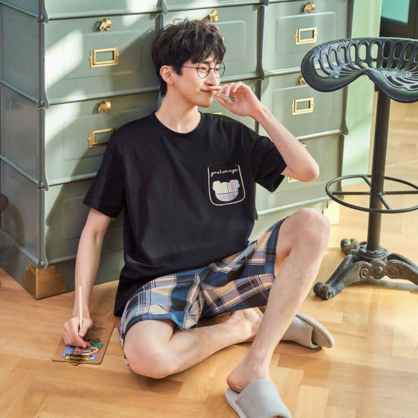 

summer men's men's pajamas leisure plus size loose summer pack for men 2-piece shortwith collar, Black;brown