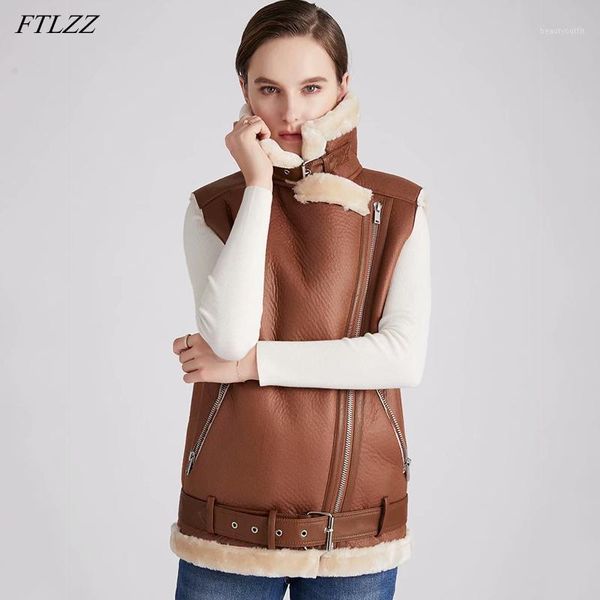 

ftlzz winter women zipper turn-down collar solid faux leather fur vest with belt punk style lady's vests coat women's &, Black