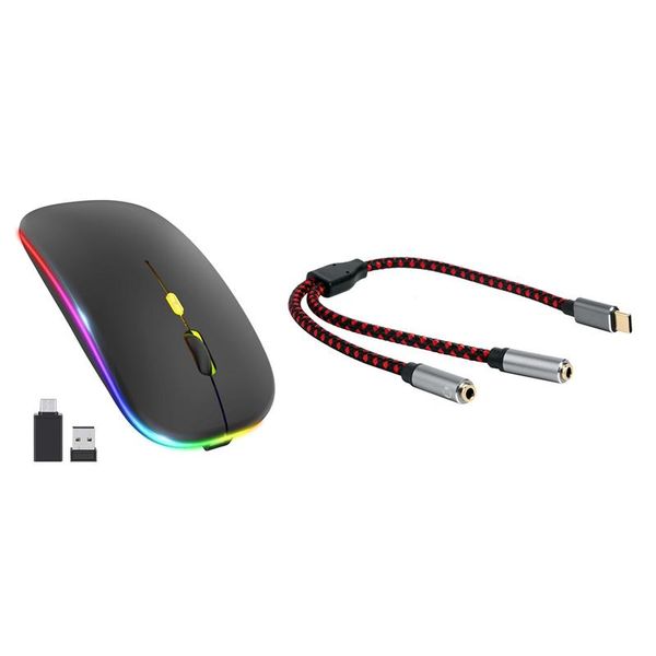 

mice [upgrade] led wireless mouse, mobile optical office mouse (black) & type-c gold plated earphone splitter 1:2 couple