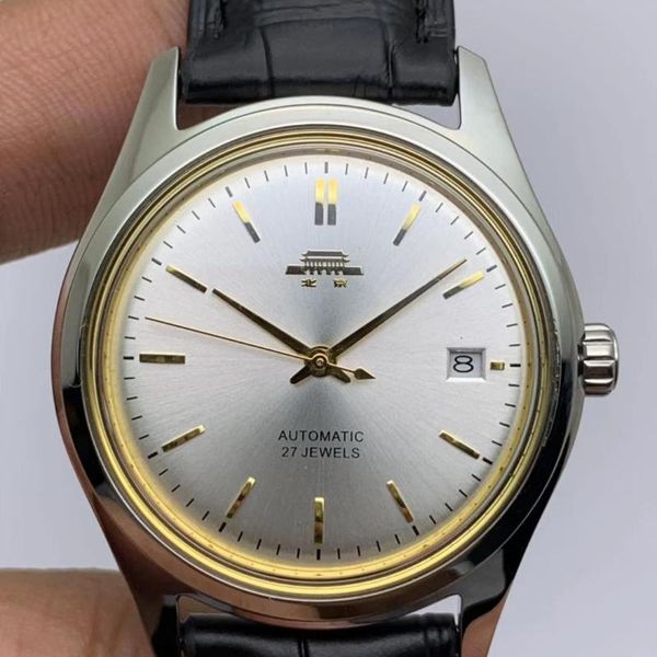 

wristwatches beijing watch stainless steel leather strap calendar waterproof business fashion bauhaus automatic mechanical for men, Slivery;brown