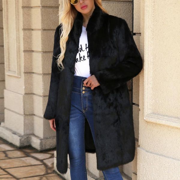 

women's fur & faux coat women winter jacket fashion warm wool oversize lapel trend outerwear female long coats abrigo mujer, Black