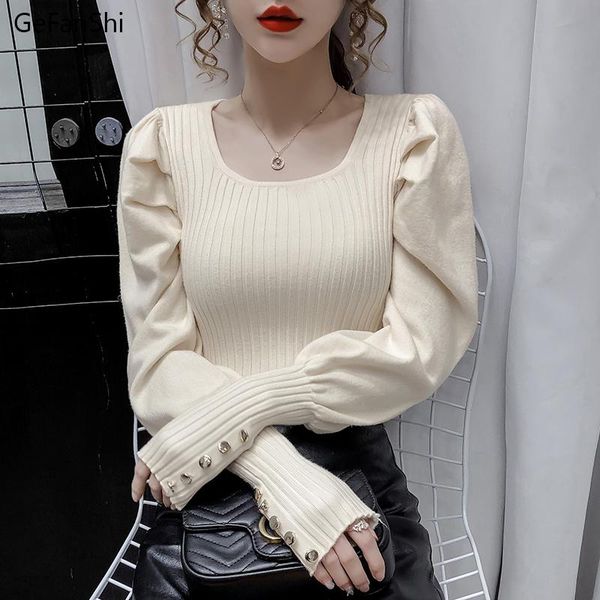

women's sweaters autumn winter women knitted pullover solid o-neck puff sleeve sweet office ladies knitwear clothing, White;black
