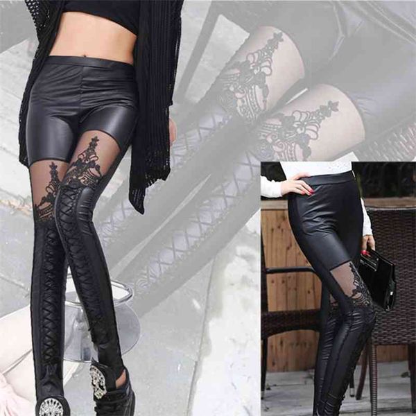 Alta Qualidade Atacado Punk Black Faux Leather Gothic Lace Legging Mulheres Bandage Lace Up Leggings Calças Calças 210518