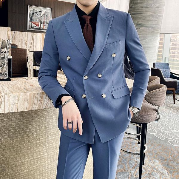 

autumn winter two piece suit men british style solid color slim double-breasted casual gentleman wedding groom tuxedos men's suits & bl, White;black