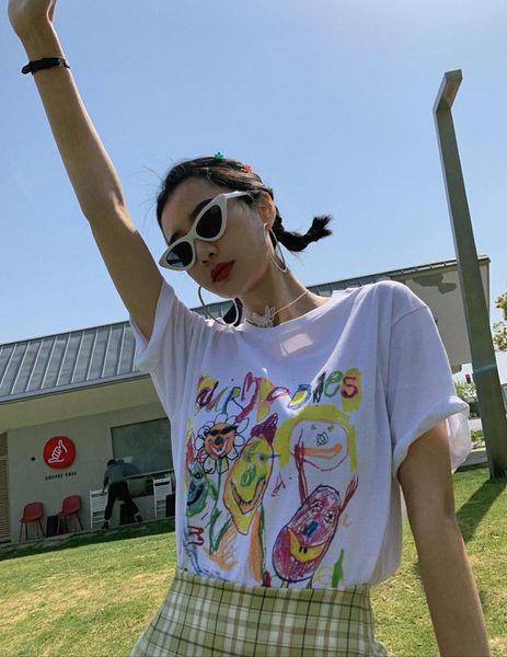 

kawaii cartoon graffiti short sleeve t-shirt women casual cute graphic female summer harajuku tee retro t-shirts women's, White